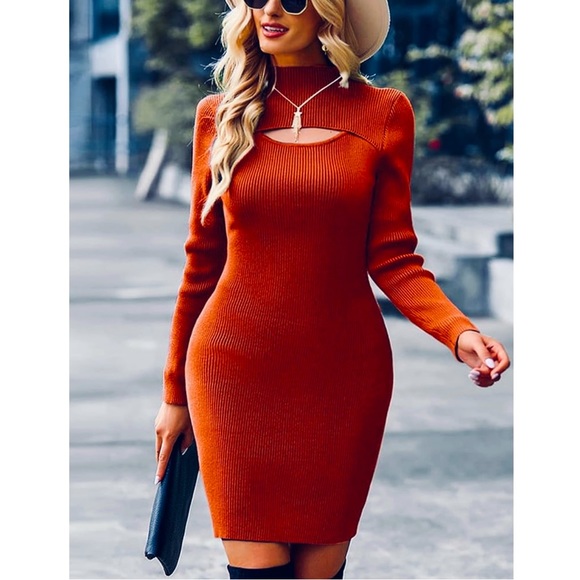 Spice colored Stretch Knit Bodycon Cutout Dress - Picture 2 of 6